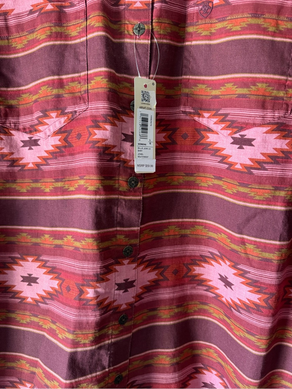 Ariat women’s Relaxed Fit Maroon & Pink Patterned Button-Up Shirt sz l - Picture 5 of 8